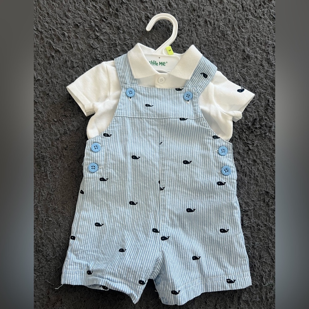 Little Me Blue Striped Overalls with White Shirt